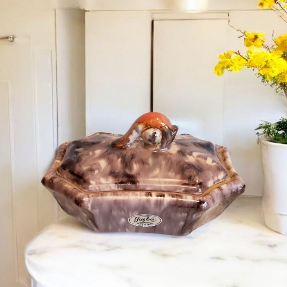 Jasba Keramik VTG Covered Dish W Germany Swirl Cream Mauve Brown